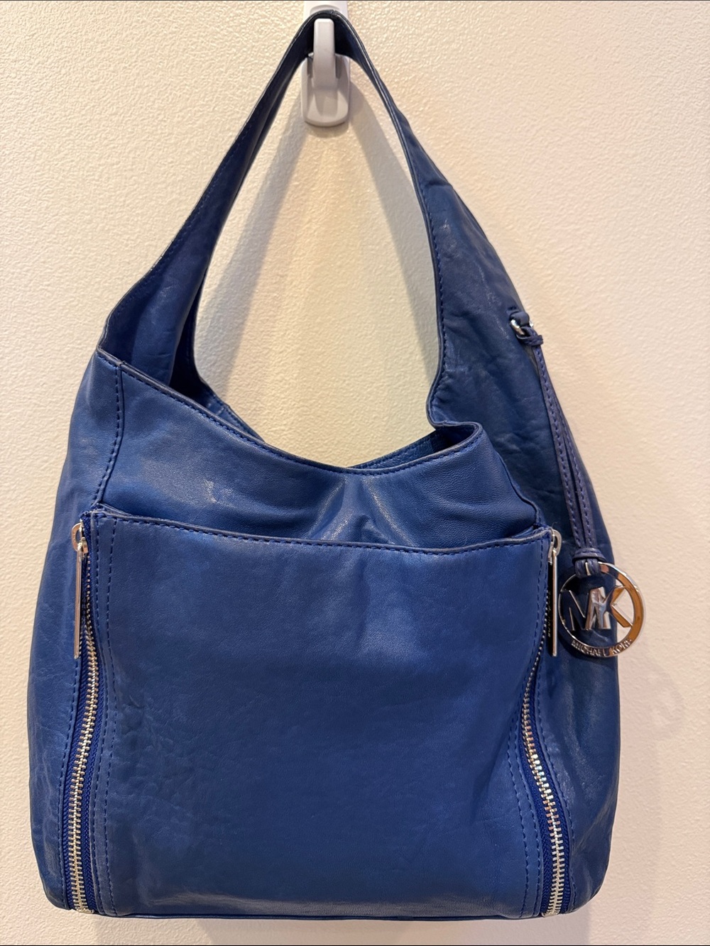 Michael Kors Crosby Navy Leather Shoulder Hobo with Zip Details